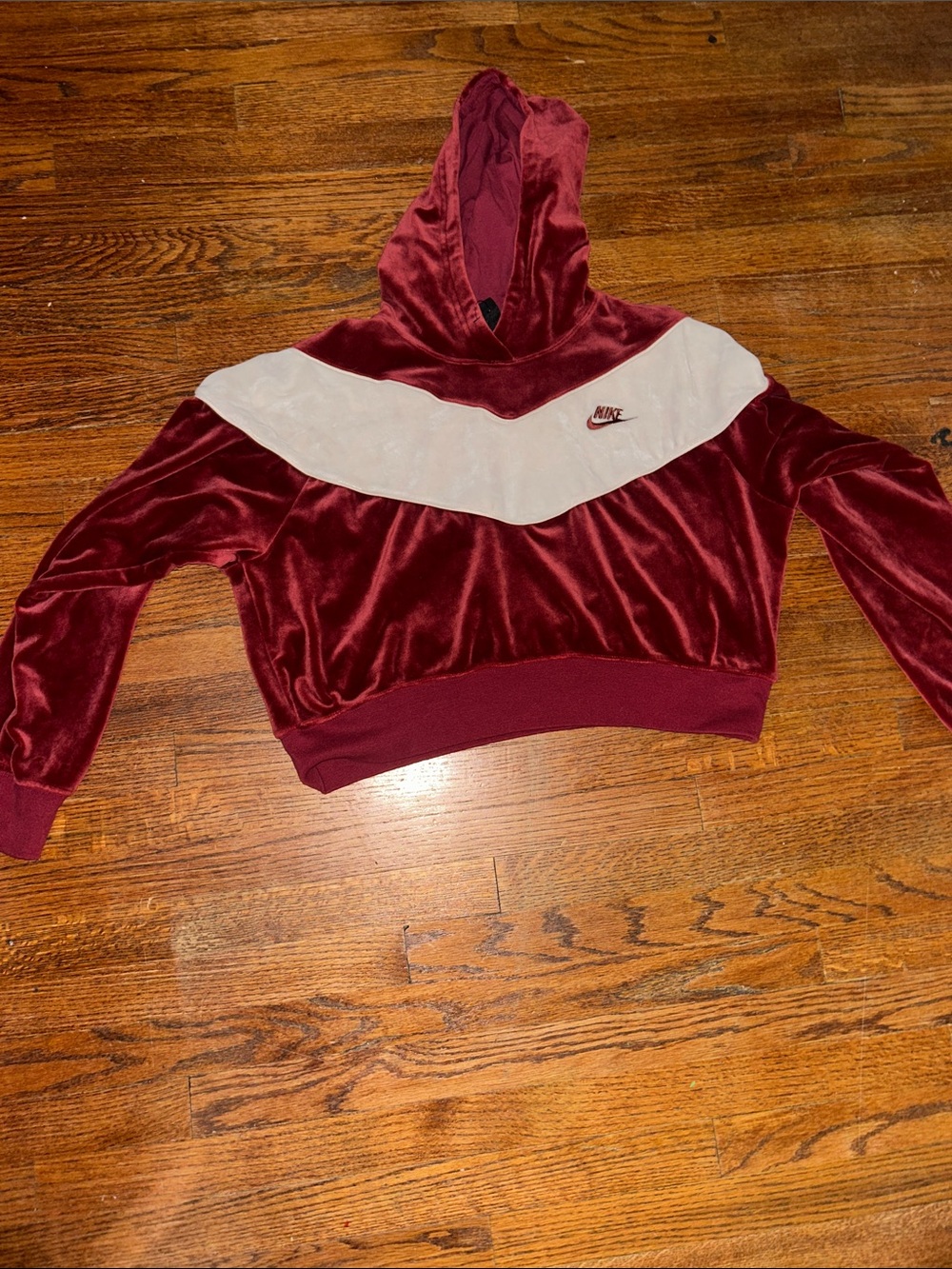 Nike Maroon and Cream Velvet Crop Hoodie